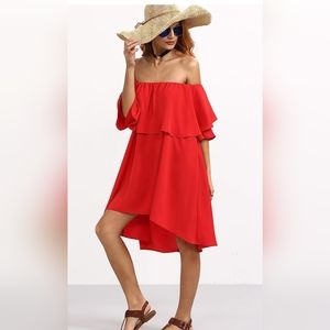 Romwe Women's Off The Shoulder Ruffle Casual Loose Shift Red Dress  XL
